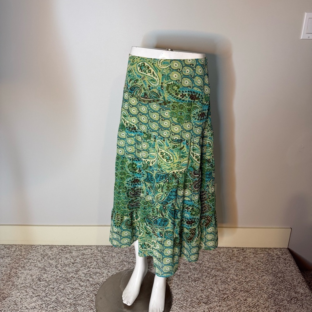 EMMA JAMES Flowy Boho Maxi Skirt Paisley Earthy Summer Spring Sage Green Size 6 - Picture 7 of 11